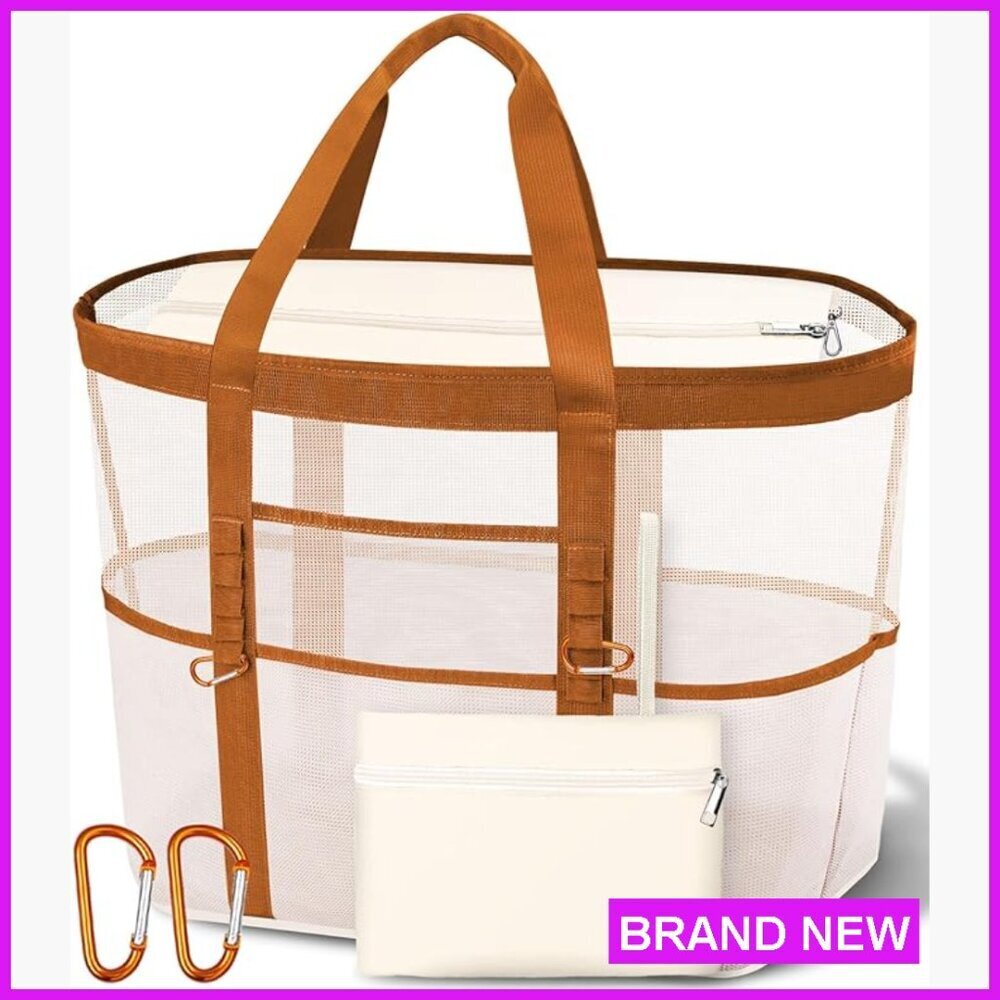 Stylish Mesh Canvas Tote Beach Bag XX-Large with Zipper and Pockets